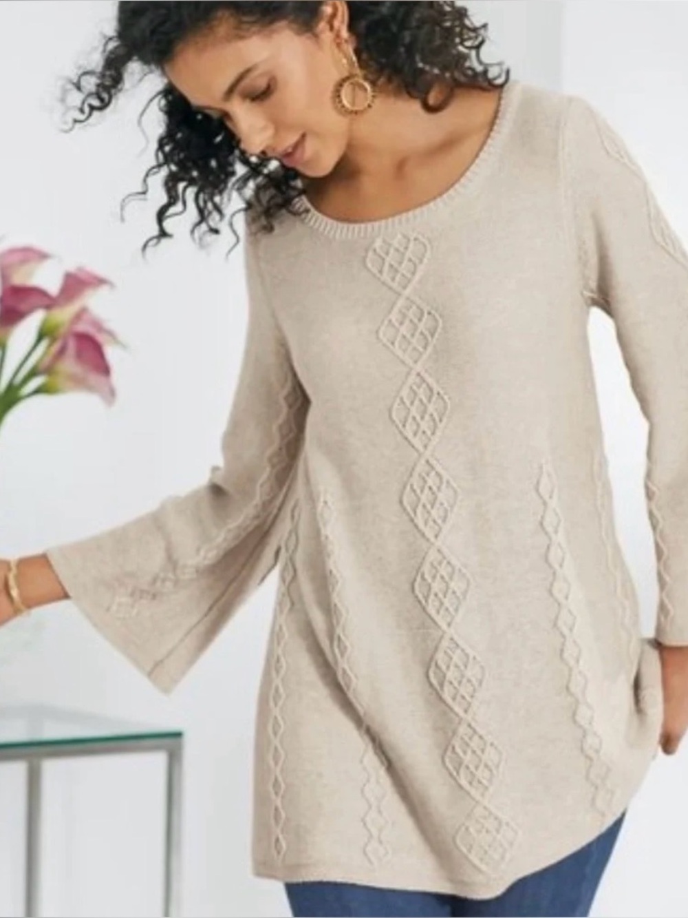 Soft Surroundings Cable Detail Scoop Neck Sweater